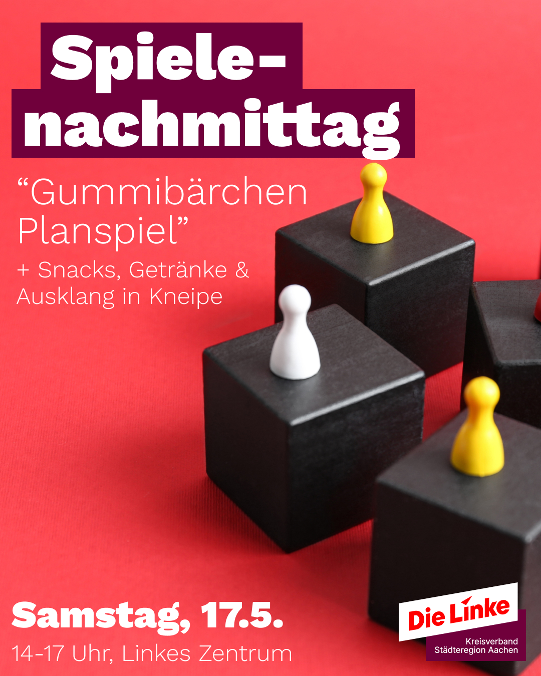 Spielfiguren auf schwarzen Würfeln vor rotem Hintergrund. Davor Text: 